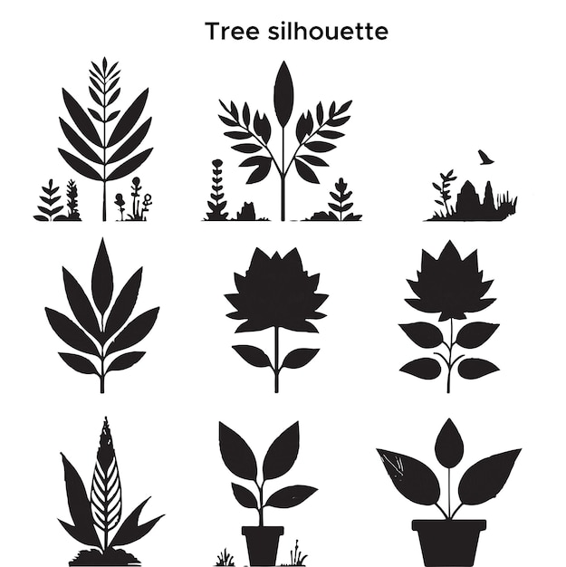 Vecteur collection gratuite de silhouettes d'arbres dessinées à la main avec un fond blanc