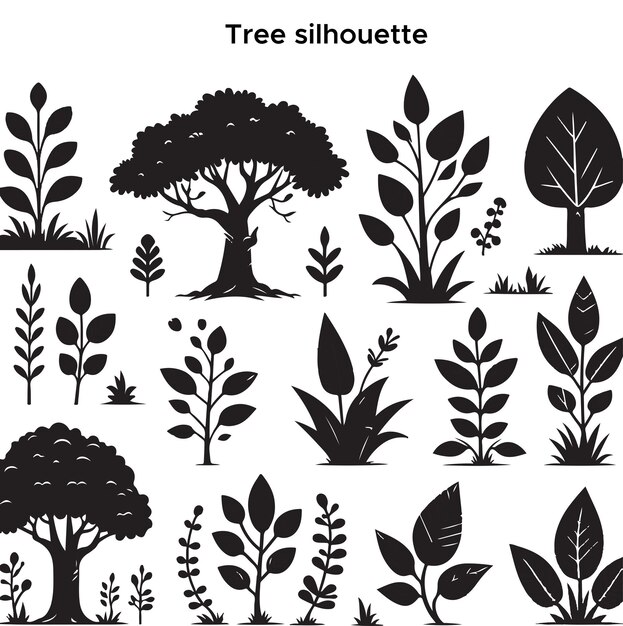 Vecteur collection gratuite de silhouettes d'arbres dessinées à la main avec un fond blanc