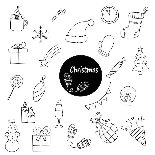 Collection de griffonnages de Noël. Ensemble de Noël dessiné à la main avec des éléments. bougie, lumière et cadeaux. contour