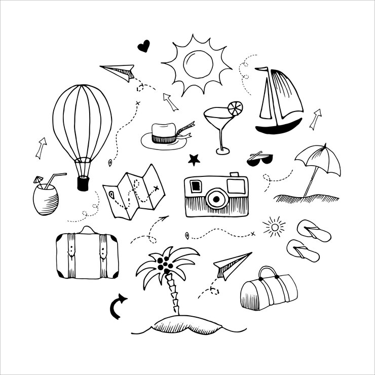 Vecteur collection de griffonnages de voyage. ensemble d'illustrations vectorielles simples, isolées sur blanc.