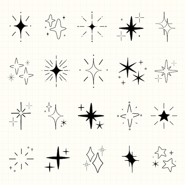 Collection de griffons d'étoiles dessinés à la main Diverses formes et styles d'é toiles Illustrations d'é Toiles noires et blanches sur fond de grille Griffons détoiles pour la conception Set vectoriel d'éléments