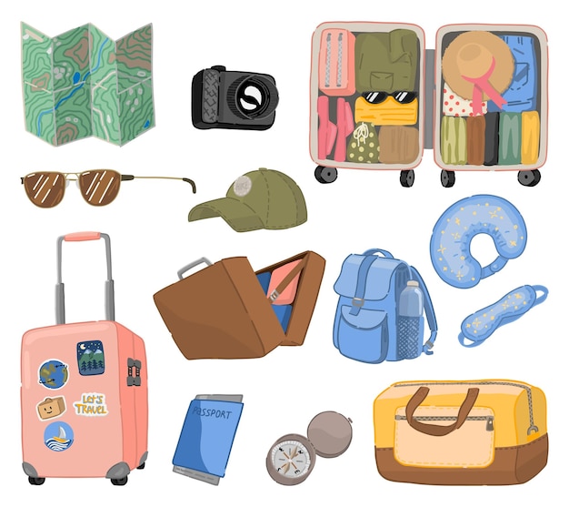 Vecteur collection de griffons de voyage ensemble d'attributs de voyage accessoires de voyage à bagages illustration vectorielle