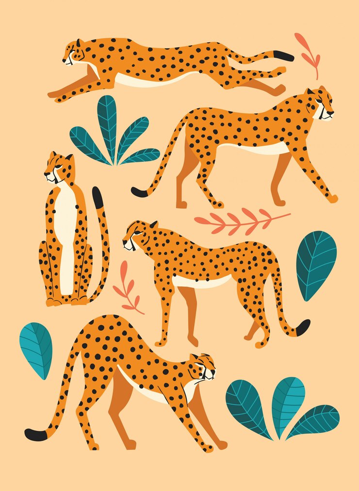 Collection de guépards mignons dessinés à la main, debout, étirement, course et marche avec des plantes exotiques. Illustration plate