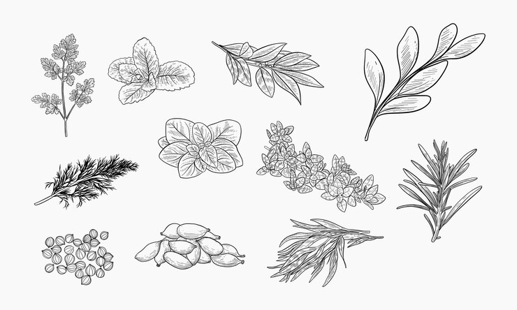 Vecteur une collection d'herbes et d'épices culinaires illustrées par des lignes d'art