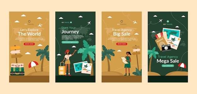 Vecteur collection d'histoires instagram d'agence de voyage plate