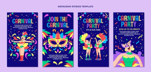 Vecteur collection d'histoires instagram de carnaval plat