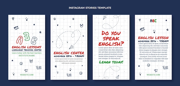 Vecteur collection d'histoires instagram dessinées à la main pour des cours d'anglais