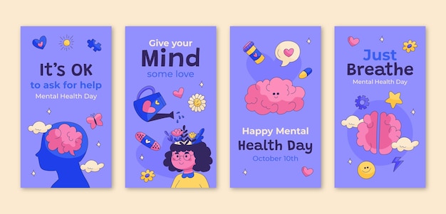 Collection d'histoires Instagram dessinées à la main pour la journée mondiale de la santé mentale