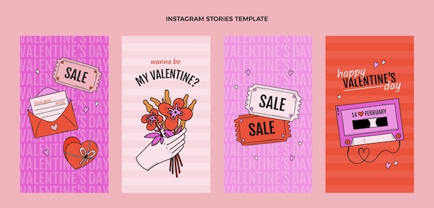 Vecteur collection d'histoires instagram dessinées à la main pour la saint-valentin