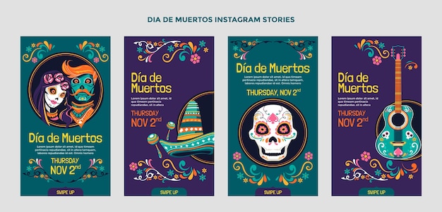 Vecteur collection d'histoires instagram dia de muertos plat dessiné à la main