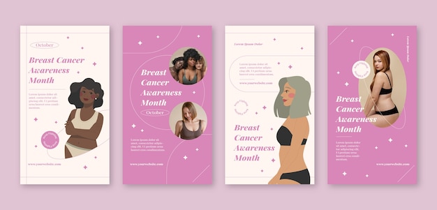 Vecteur collection d'histoires instagram du mois de sensibilisation au cancer du sein plat