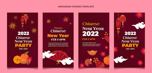 Vecteur collection d'histoires instagram du nouvel an chinois plat