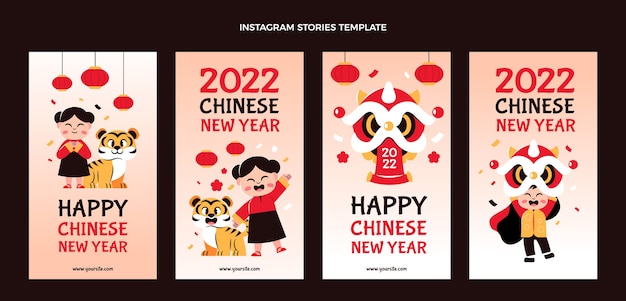 Vecteur collection d'histoires instagram du nouvel an chinois plat