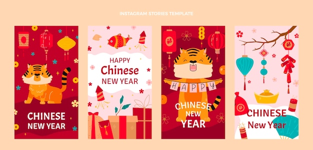 Collection d'histoires instagram du nouvel an chinois plat