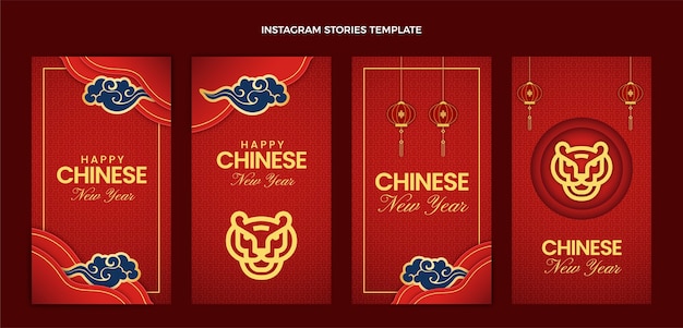 Vecteur collection d'histoires instagram du nouvel an chinois de style papier