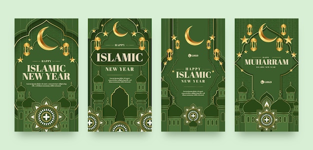 Vecteur collection d'histoires instagram du nouvel an islamique dégradé