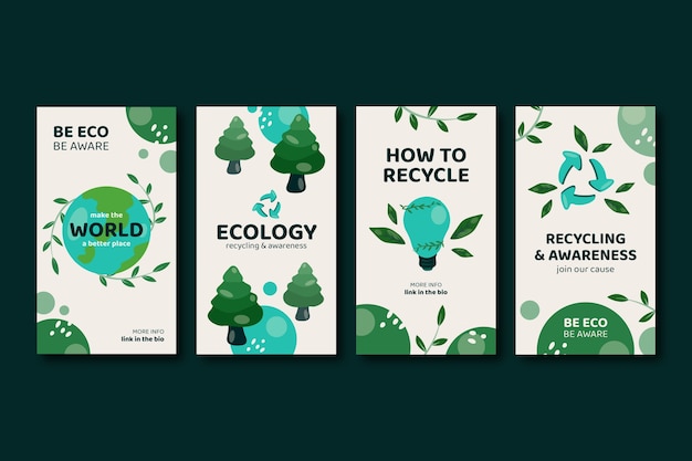 Vecteur collection d'histoires instagram sur l'écologie plate et la conservation de l'environnement