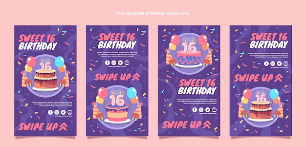 Vecteur collection d'histoires instagram flat sweet 16