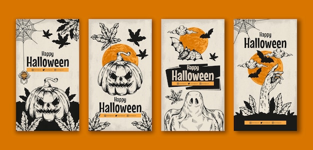 Vecteur collection d'histoires instagram halloween vintage dessinées à la main