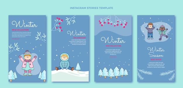 Collection d'histoires instagram d'hiver dessinées à la main