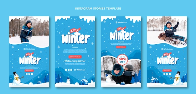 Collection d'histoires instagram d'hiver plat dessinées à la main