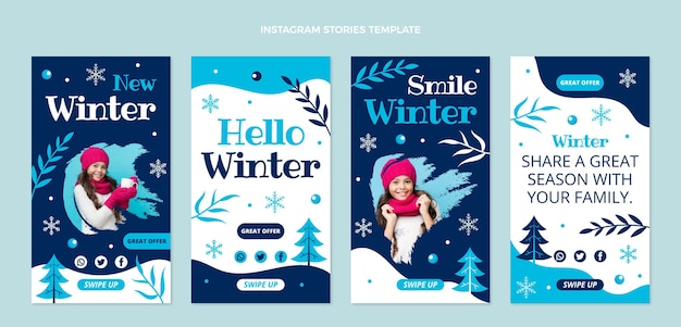 Collection d'histoires instagram d'hiver plat