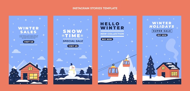 Vecteur collection d'histoires instagram d'hiver plat