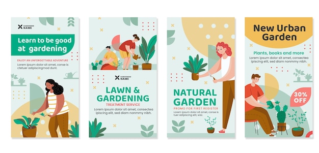 Vecteur collection d'histoires instagram de jardinage plat