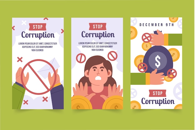 Vecteur collection d'histoires instagram de jour anti-corruption à plat dessiné à la main