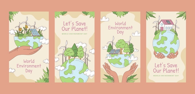 Collection d'histoires instagram de la journée mondiale de l'environnement dessinés à la main