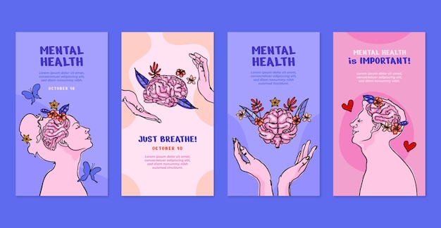Collection d'histoires instagram de la journée mondiale de la santé mentale dessinées à la main