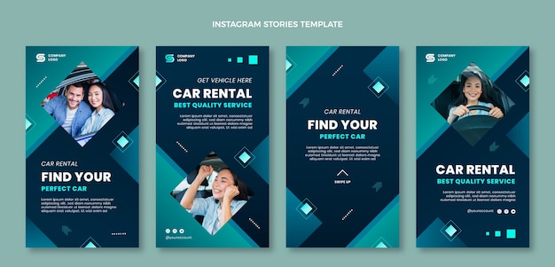 Vecteur collection d'histoires instagram de location de voiture en dégradé