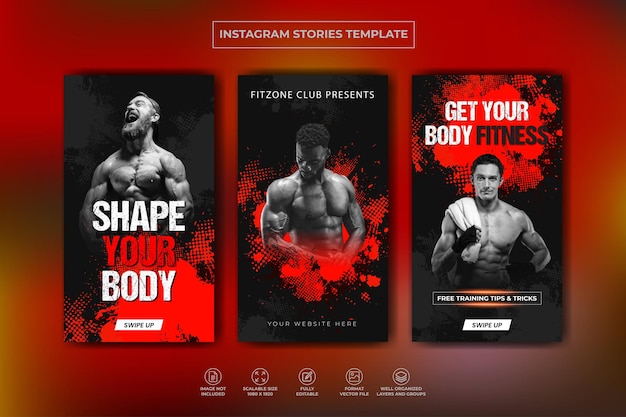 Collection d'histoires instagram et modèle de bannière Web pour la formation en salle de fitness Vecteur Premium