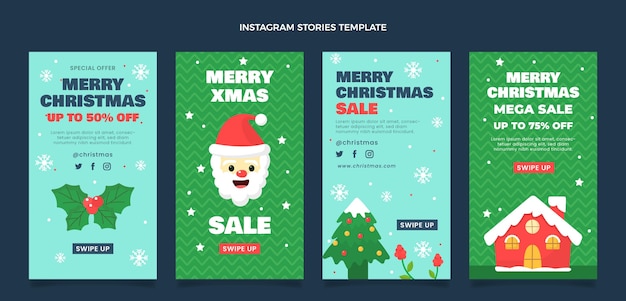Collection d'histoires instagram de noël plat dessinés à la main