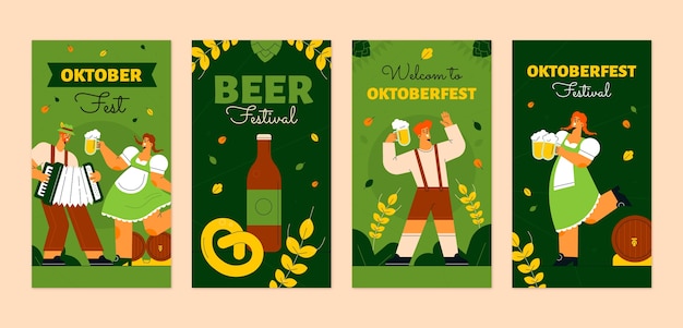 Vecteur collection d'histoires instagram d'oktoberfest plat