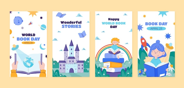 Collection d'histoires instagram plates pour la célébration de la journée mondiale du livre