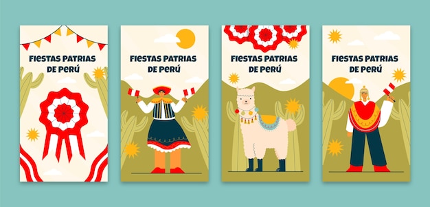 Vecteur collection d'histoires instagram plates pour les célébrations des fiestas patrias péruvienne