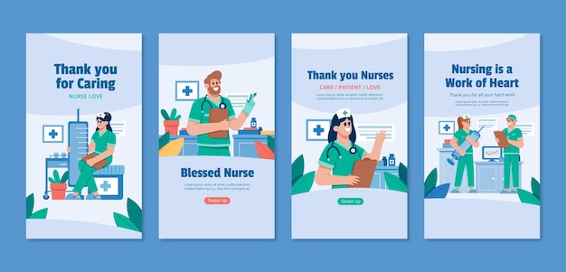 Vecteur collection d'histoires instagram plates pour les soins infirmiers à domicile pour les personnes âgées