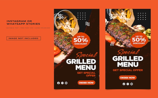 Vecteur collection d'histoires instagram pour la promotion du restaurant grill avec vecteur premium