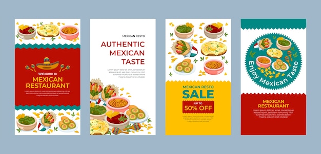 Vecteur collection d'histoires instagram de restaurant de cuisine mexicaine plate