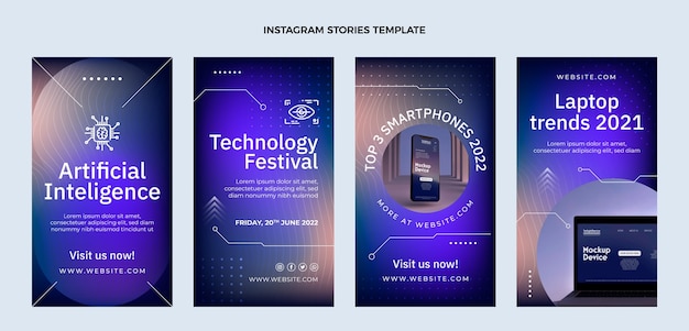 Vecteur collection d'histoires instagram de technologie de texture dégradée