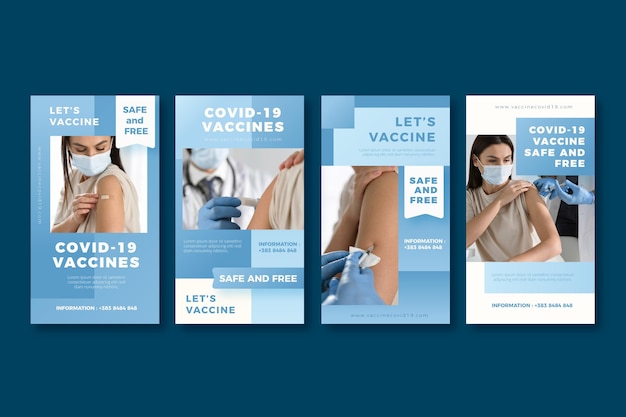 Vecteur collection d'histoires instagram de vaccins dégradés avec photos