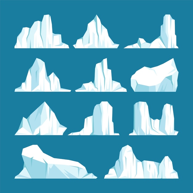 Collection d'icebergs flottants bloc de glacier arctique à la dérive d'eau de mer gelée montagnes glacées avec pic de glace fondante antarctique paysage enneigé sud et pôle nord illustration vectorielle
