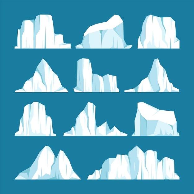 Collection d'icebergs flottants bloc de glacier arctique à la dérive d'eau de mer gelée montagnes glacées avec pic de glace fondante antarctique paysage enneigé sud et pôle nord illustration vectorielle