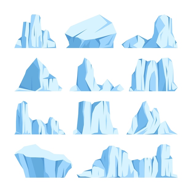 Collection d'icebergs flottants bloc de glacier arctique à la dérive d'eau de mer gelée montagnes glacées avec pic de glace fondante antarctique paysage enneigé sud et pôle nord illustration vectorielle