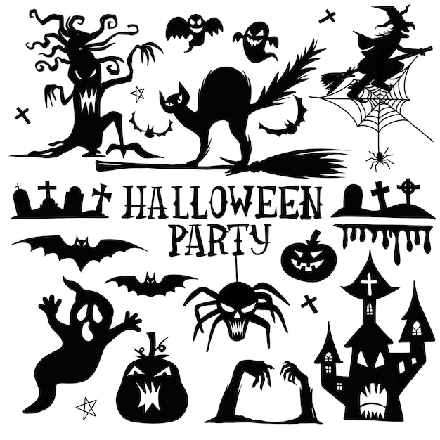 Collection d'icône et de personnage de silhouettes d'halloween.