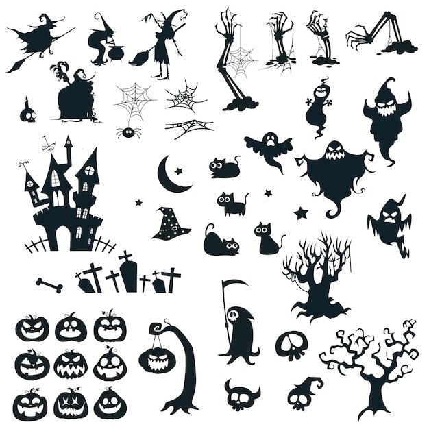 Vecteur collection d'icône de silhouettes d'halloween et de caractère, éléments pour les décorations d'halloween