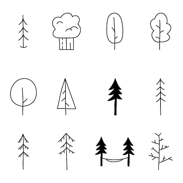 Collection D'icônes D'arbres Minimalistes Arbres De Silhouette D'art En Ligne Ensemble De Symboles Vectoriels De Stock