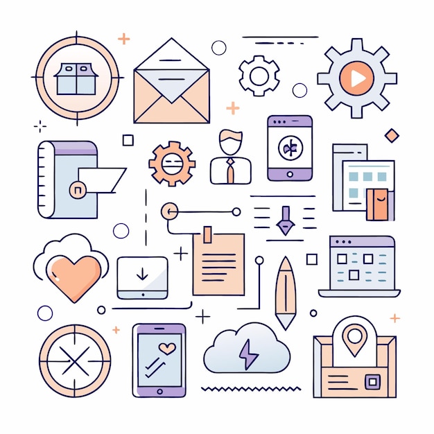 Une collection d'icônes d'art en ligne colorées liées à la technologie des affaires et au marketing