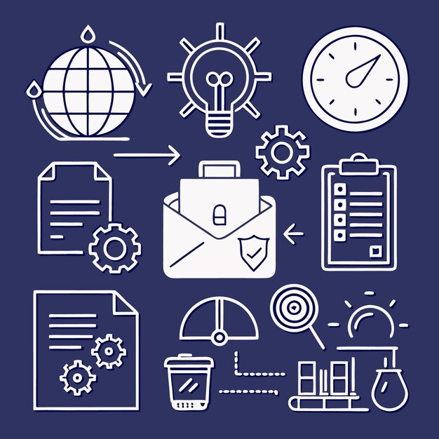 Une collection d'icônes d'art en ligne sur un fond bleu représentant les processus d'affaires, la gestion de projet et la sécurité